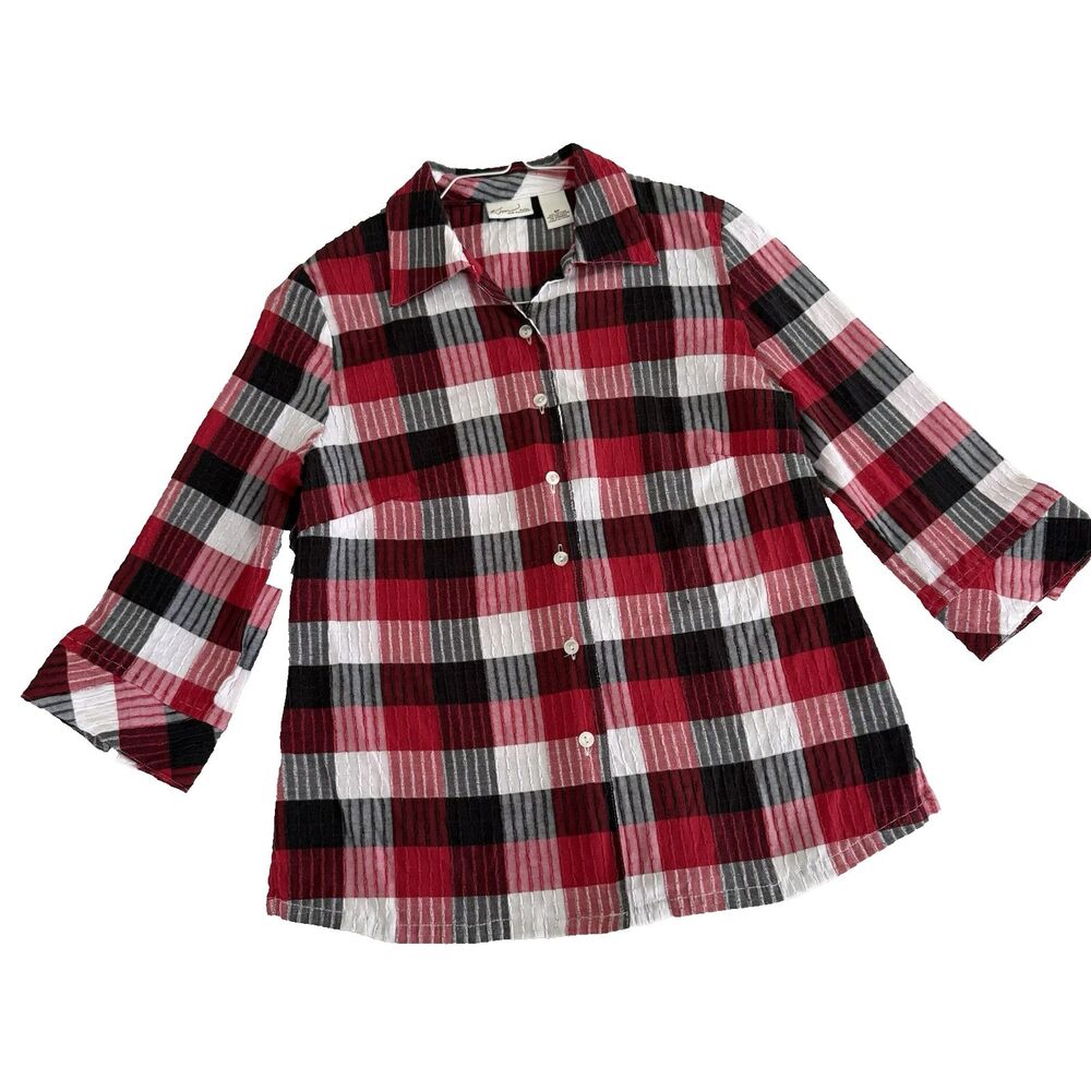 Kim Rogers Womens 8P Red Black White Plaid Button Up 3/4 Sleeve Stretch Textured